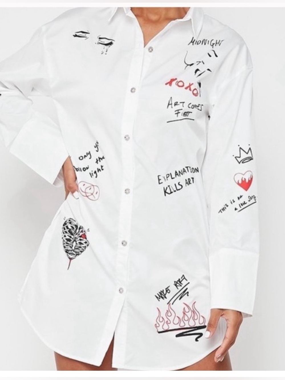 NWOT Maniere De Voir White Graffiti Art Print Buttoned Long Shirt Tunic US10
